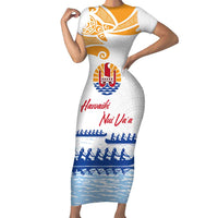 Personalised Hawaiki Nui Va'a French Polynesian Pattern Short Sleeve Bodycon Dress White Color LT03 Long Dress White - Polynesian Pride