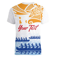 Personalised Hawaiki Nui Va'a French Polynesian Pattern Women V-Neck T-Shirt White Color LT03 - Polynesian Pride