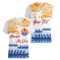 Personalised Hawaiki Nui Va'a French Polynesian Pattern Women V-Neck T-Shirt White Color LT03 - Polynesian Pride