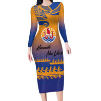 Personalised Hawaiki Nui Va'a French Polynesian Pattern Long Sleeve Bodycon Dress Sunset Color LT03 Long Dress Yellow - Polynesian Pride