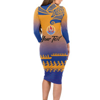 Personalised Hawaiki Nui Va'a French Polynesian Pattern Long Sleeve Bodycon Dress Sunset Color LT03 - Polynesian Pride