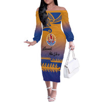 Personalised Hawaiki Nui Va'a French Polynesian Pattern Off The Shoulder Long Sleeve Dress Sunset Color LT03 Women Yellow - Polynesian Pride