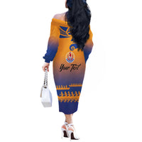 Personalised Hawaiki Nui Va'a French Polynesian Pattern Off The Shoulder Long Sleeve Dress Sunset Color LT03 - Polynesian Pride