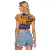 Personalised Hawaiki Nui Va'a French Polynesian Pattern Raglan Cropped T Shirt Sunset Color LT03 - Polynesian Pride