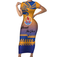 Personalised Hawaiki Nui Va'a French Polynesian Pattern Short Sleeve Bodycon Dress Sunset Color LT03 Long Dress Yellow - Polynesian Pride