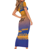 Personalised Hawaiki Nui Va'a French Polynesian Pattern Short Sleeve Bodycon Dress Sunset Color LT03 - Polynesian Pride