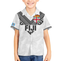 Custom Rugby Fiji Family Matching Off Shoulder Short Dress and Hawaiian Shirt Fijian Masi Tribal Sporty Style White Color - Polynesian Pride