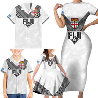 Custom Rugby Fiji Family Matching Short Sleeve Bodycon Dress and Hawaiian Shirt Fijian Masi Tribal Sporty Style White Color - Polynesian Pride