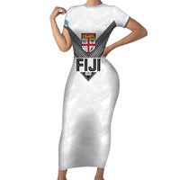 Custom Rugby Fiji Family Matching Short Sleeve Bodycon Dress and Hawaiian Shirt Fijian Masi Tribal Sporty Style White Color - Polynesian Pride