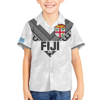 Custom Rugby Fiji Family Matching Short Sleeve Bodycon Dress and Hawaiian Shirt Fijian Masi Tribal Sporty Style White Color - Polynesian Pride