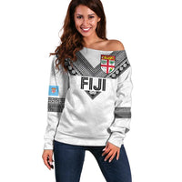 Custom Rugby Fiji Off Shoulder Sweater Fijian Masi Tribal Sporty Style White Color - Polynesian Pride