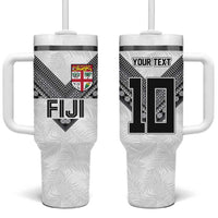Custom Rugby Fiji Tumbler With Handle Fijian Masi Tribal Sporty Style White Color - Polynesian Pride