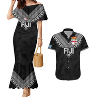 Custom Rugby Fiji Couples Matching Mermaid Dress and Hawaiian Shirt Fijian Masi Tribal Sporty Style Black Color - Polynesian Pride