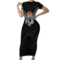 Custom Rugby Fiji Short Sleeve Bodycon Dress Fijian Masi Tribal Sporty Style Black Color - Polynesian Pride