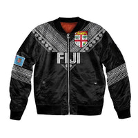 Custom Rugby Fiji Sleeve Zip Bomber Jacket Fijian Masi Tribal Sporty Style Black Color - Polynesian Pride