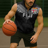Custom Rugby Fiji Sleeveless Zip Hoodie Fijian Masi Tribal Sporty Style Black Color - Polynesian Pride