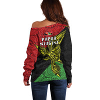 Papua New Guinea Southern Highlands Province Off Shoulder Sweater PNG Birds Of Paradise Polynesian Arty Style LT03 - Polynesian Pride