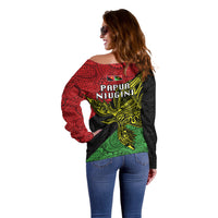 Papua New Guinea Southern Highlands Province Off Shoulder Sweater PNG Birds Of Paradise Polynesian Arty Style LT03 - Polynesian Pride