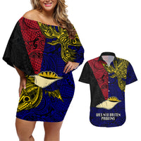 Personalised Papua New Guinea West New Britain Province Couples Matching Off Shoulder Short Dress and Hawaiian Shirt PNG Birds Of Paradise Polynesian Arty Style LT03 Blue - Polynesian Pride