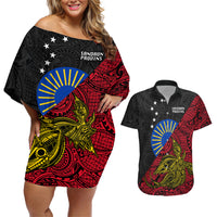 Papua New Guinea Sandaun Province Couples Matching Off Shoulder Short Dress and Hawaiian Shirt PNG Birds Of Paradise Polynesian Arty Style LT03 Red - Polynesian Pride