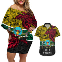 Personalised Papua New Guinea Hela Province Couples Matching Off Shoulder Short Dress and Hawaiian Shirt PNG Birds Of Paradise Polynesian Arty Style LT03 Yellow - Polynesian Pride