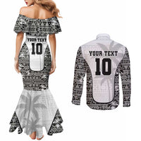 Custom Fiji Pacific Rugby 2024 Couples Matching Mermaid Dress and Long Sleeve Button Shirt Tapa Tribal and Fijian Masi Pattern