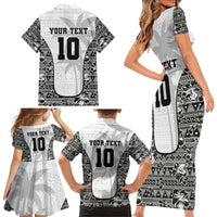 Custom Fiji Pacific Rugby 2024 Family Matching Short Sleeve Bodycon Dress and Hawaiian Shirt Tapa Tribal and Fijian Masi Pattern