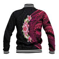 Hawaiian Tropical Plumeria Art Polynesian Tattoo Baseball Jacket Black and Bright Pink Color