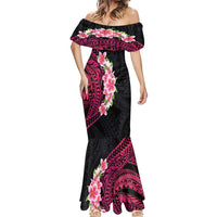 Hawaiian Tropical Plumeria Art Polynesian Tattoo Mermaid Dress Black and Bright Pink Color