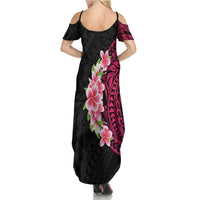 Hawaiian Tropical Plumeria Art Polynesian Tattoo Summer Maxi Dress Black and Bright Pink Color