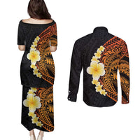 Hawaiian Tropical Plumeria Art Polynesian Tattoo Couples Matching Puletasi and Long Sleeve Button Shirt Black and Autumn Color Theme