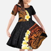 Hawaiian Tropical Plumeria Art Polynesian Tattoo Family Matching Short Sleeve Bodycon Dress and Hawaiian Shirt Black and Autumn Color Theme LT03 Daughter's Dress Orange - Polynesian Pride