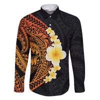 Hawaiian Tropical Plumeria Art Polynesian Tattoo Family Matching Short Sleeve Bodycon Dress and Hawaiian Shirt Black and Autumn Color Theme LT03 Dad's Shirt - Long Sleeve Orange - Polynesian Pride