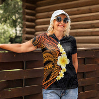 Hawaiian Tropical Plumeria Art Polynesian Tattoo Women Polo Shirt Black and Autumn Color Theme