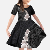 Hawaiian Tropical Plumeria Art Polynesian Tattoo Family Matching Short Sleeve Bodycon Dress and Hawaiian Shirt Grayscale Color LT03 Daughter's Dress Black - Polynesian Pride
