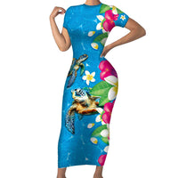 Hawaiian Tropical Flower and Honu Under Blue Water Short Sleeve Bodycon Dress LT03 Long Dress Blue - Polynesian Pride