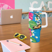 Hawaiian Tropical Flower and Honu Under Blue Water Tumbler With Handle