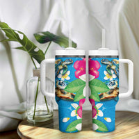 Hawaiian Tropical Flower and Honu Under Blue Water Tumbler With Handle