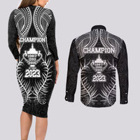 New Zealand Rugby Couples Matching Long Sleeve Bodycon Dress and Long Sleeve Button Shirt Aotearoa Champion Cup History with Silver Fern LT03 - Polynesian Pride