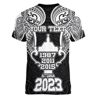 Personalised New Zealand Rugby Women V Neck T Shirt Aotearoa Champion Cup History with Haka Dance LT03 - Polynesian Pride