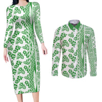 Hawaii Couples Matching Long Sleeve Bodycon Dress and Long Sleeve Button Shirt Aloha Tropical Plants Tribal Pattern Green Version LT03 Green - Polynesian Pride
