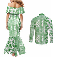 Hawaii Couples Matching Mermaid Dress and Long Sleeve Button Shirt Aloha Tropical Plants Tribal Pattern Green Version LT03 - Polynesian Pride