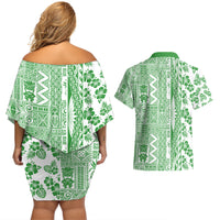 Hawaii Couples Matching Off Shoulder Short Dress and Hawaiian Shirt Aloha Tropical Plants Tribal Pattern Green Version LT03 - Polynesian Pride