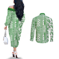 Hawaii Couples Matching Off The Shoulder Long Sleeve Dress and Long Sleeve Button Shirt Aloha Tropical Plants Tribal Pattern Green Version LT03 - Polynesian Pride