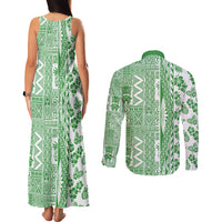 Hawaii Couples Matching Tank Maxi Dress and Long Sleeve Button Shirt Aloha Tropical Plants Tribal Pattern Green Version LT03 - Polynesian Pride
