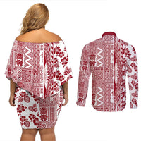 Hawaii Couples Matching Off Shoulder Short Dress and Long Sleeve Button Shirt Aloha Tropical Plants Tribal Pattern Red Version LT03 - Polynesian Pride