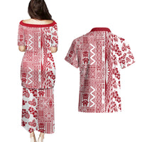 Hawaii Couples Matching Puletasi Dress and Hawaiian Shirt Aloha Tropical Plants Tribal Pattern Red Version LT03 - Polynesian Pride