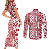 Hawaii Couples Matching Short Sleeve Bodycon Dress and Long Sleeve Button Shirt Aloha Tropical Plants Tribal Pattern Red Version LT03 - Polynesian Pride