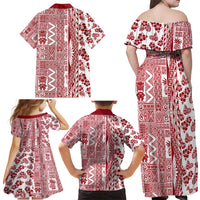 Hawaii Family Matching Off Shoulder Maxi Dress and Hawaiian Shirt Aloha Tropical Plants Tribal Pattern Red Version LT03 - Polynesian Pride