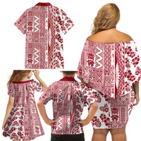 Hawaii Family Matching Off Shoulder Short Dress and Hawaiian Shirt Aloha Tropical Plants Tribal Pattern Red Version LT03 - Polynesian Pride
